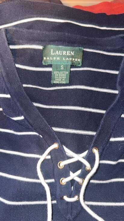 Lauren Ralph Lauren Navy Blue and White Striped Lace-Up V-Neck Cotton Sweater - Picture 3 of 3